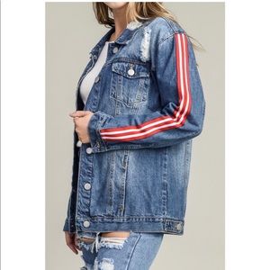 Vintage Denim Jacket with Red Striped Sleeve |  XS 100% cotton